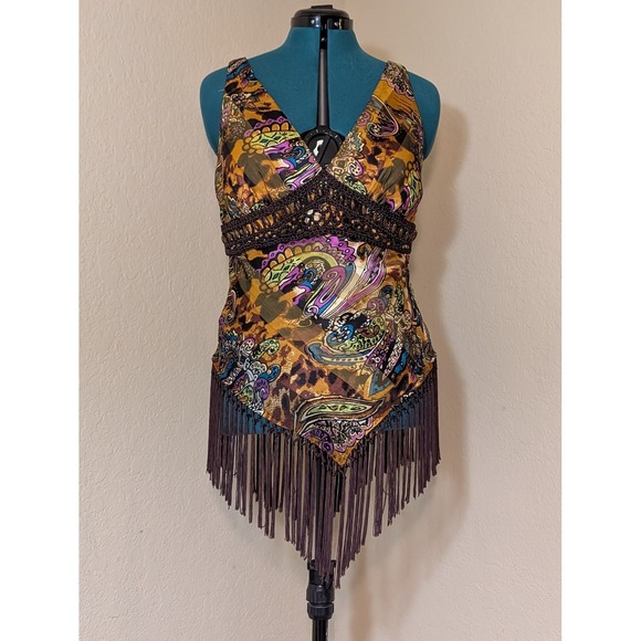 Cache Tops - Cache Brown Paisley Leopard Silk Blend Fringe V-Neck Top Size 10 NWT